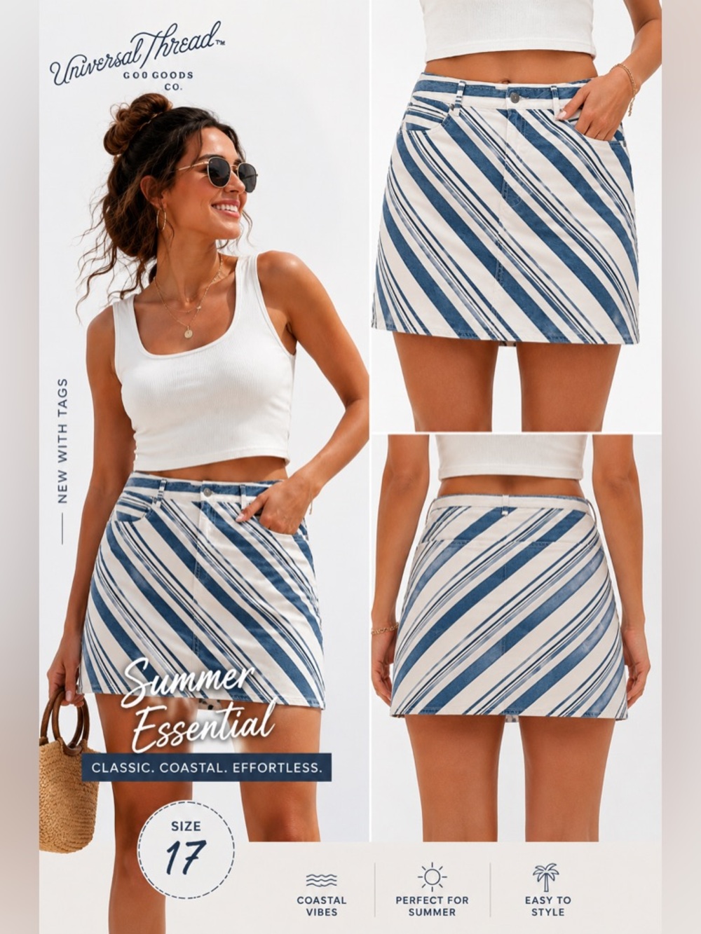 Universal Thread Striped Denim Mini Skirt Size 17 NWT Blue White‎ Nautical